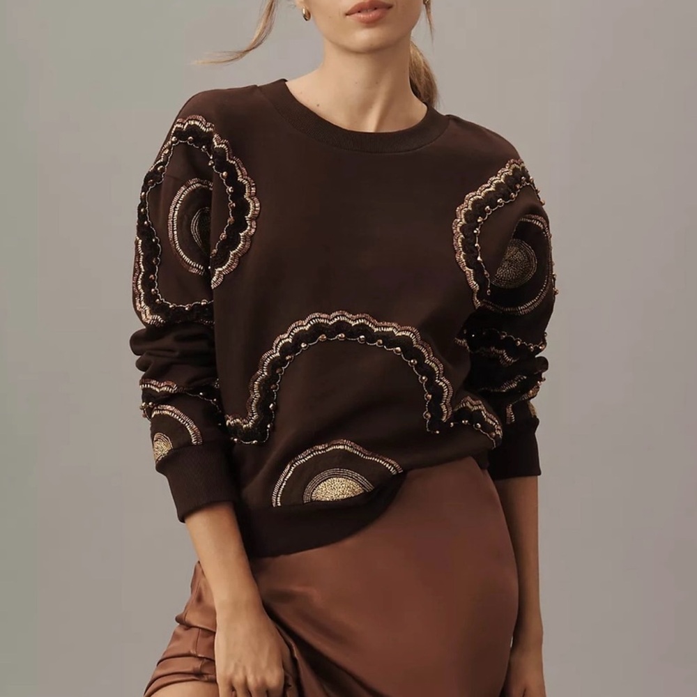 Anthropologie Ollari NWT Brown Embellished Pullover L